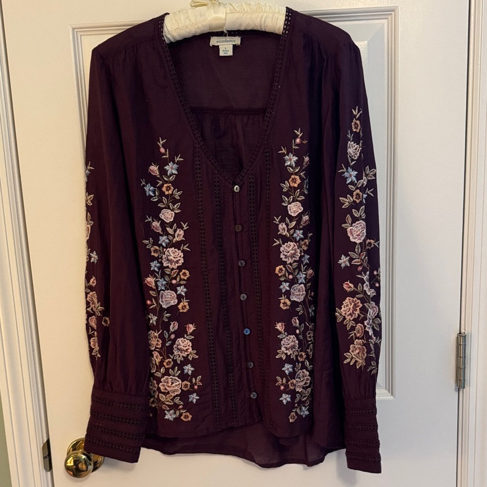 Sundance Floral Embroidered Blouse—Deep Burgundy